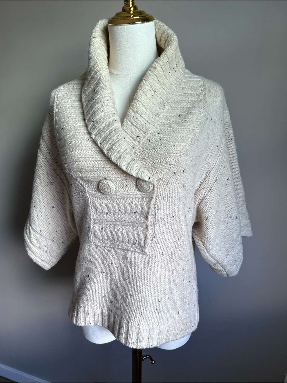 Wool cotton blend Cozy Cream Shawl Collar Knit Sweater neutral earthy lagenlook
